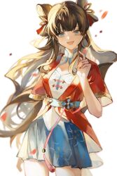 Rule 34 | absurdres, beiqingluoshicaicai, blue hair, blue skirt, bow, brown hair, chinese clothes, flower knot, hair bow, highres, jacket, long hair, looking at viewer, open mouth, red jacket, skirt, smile, tassel, wangzhe rongyao, white background, xishi