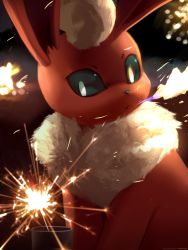 Rule 34 | ancesra, animal focus, artist name, backlighting, black sclera, blurry, blurry background, breath weapon, breathing fire, colored sclera, creatures (company), fire, fireworks, flareon, fur collar, game freak, gen 1 pokemon, highres, looking down, night, nintendo, no humans, open mouth, outdoors, patreon username, pokemon, pokemon (creature), short hair, solo, sparkler, upper body, watermark, web address, white eyes, white hair