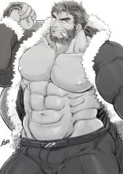 Rule 34 | 1boy, abs, bara, bare pectorals, beard, bulge, christmas, cigar, cowboy shot, ded (housamo), facial hair, forked eyebrows, fur-trimmed jacket, fur trim, harada (basashi), jacket, large pectorals, looking at viewer, male focus, mature male, muscular, muscular male, navel, nipples, official alternate costume, open clothes, open jacket, pants, pectorals, santa costume, short hair, solo, stomach, thick thighs, thighs, tight clothes, tight pants, tokyo houkago summoners