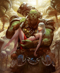 Rule 34 | 1boy, 1girl, anklet, armor, barefoot, beard, belt, bikini, bikini armor, bikini top only, breasts, carrying, cloud, colored skin, earrings, facial hair, fantasy, green eyes, green skin, hand on own stomach, horns, jewelry, light particles, long hair, looking at viewer, mace, manly, midriff, noba, orange eyes, orc, original, over shoulder, ponytail, princess carry, shoulder armor, sideboob, silver hair, size difference, skull, pauldrons, swimsuit, teeth, vambraces, weapon, weapon over shoulder