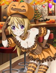 Rule 34 | 10s, 1girl, balloon, bent over, blonde hair, breasts, brown gloves, charlotte dunois, cleavage, collar, collarbone, dress, eyebrows, gloves, hair between eyes, hand on own hip, indoors, infinite stratos, long hair, looking at viewer, lowres, medium breasts, orange dress, pumpkin hat, smile, solo, striped clothes, striped thighhighs, thighhighs
