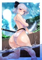 Rule 34 | 1girl, absurdres, ass, backless swimsuit, blue eyes, blunt bangs, blush, bob cut, breasts, competition swimsuit, from behind, highres, kneeling, konpaku youmu, konpaku youmu (ghost), looking at viewer, looking back, one-piece swimsuit, onsen, outdoors, shiny skin, short hair, silver hair, sinkai, small breasts, solo, swimsuit, touhou, water, wet, wet clothes, white one-piece swimsuit