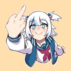 Rule 34 | 1girl, absurdres, blue eyes, blue hair, blue jacket, blunt bangs, c:, commentary, crmanzana, cropped torso, from above, gawr gura, hair ornament, highres, hololive, hololive english, jacket, jersey, looking up, middle finger, multicolored hair, neckerchief, open clothes, open jacket, red neckerchief, sailor collar, shark hair ornament, silver hair, simple background, smile, solo, streaked hair, symbol-only commentary, two side up, virtual youtuber, white jacket, yellow background