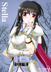Rule 34 | 1girl, arm up, armor, astrid (fire emblem), belt, black belt, black hair, breastplate, cape, character name, copyright name, female focus, finger to cheek, fire emblem, fire emblem: radiant dawn, hissaa (starlight express), long hair, nintendo, pauldrons, quiver, red cape, red eyes, shoulder armor, smile, solo, tree