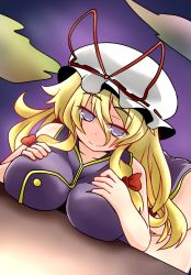 Rule 34 | 1girl, bad id, bad pixiv id, bare shoulders, blonde hair, blush, bow, breast rest, breast suppress, breasts, collarbone, come hither, hair bow, hat, hato no suisou, highres, impossible clothes, large breasts, long hair, looking at viewer, low-tied long hair, mob cap, naked tabard, naughty face, no pupils, purple eyes, smile, solo, tabard, touhou, very long hair, yakumo yukari
