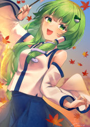 Rule 34 | 1girl, :d, arm up, autumn leaves, bare shoulders, blue skirt, blush, breasts, collared shirt, commentary, dated, detached sleeves, evening, fingernails, frog hair ornament, gohei, green eyes, green hair, hair ornament, happy, highres, kisamu (ksmz), kochiya sanae, large breasts, long hair, long sleeves, looking at viewer, nontraditional miko, open mouth, shirt, sidelocks, signature, skirt, smile, snake hair ornament, solo, standing, teeth, touhou, upper body, upper teeth only, white shirt, wide sleeves, wing collar