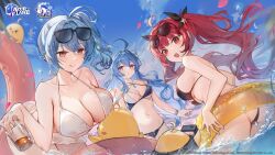 3girls absurdres arched_back ass azur_lane bare_shoulders bikini bird black-framed_eyewear black_bikini black_ribbon blue_hair blue_sky blurry blurry_foreground bracelet breast_rest breasts breasts_on_head chick cleavage collarbone commentary copyright_name cup day english_commentary eyewear_on_head floating_hair from_behind hair_ornament hair_ribbon helena_(azur_lane) helena_(shimmering_triangle_wave)_(azur_lane) highres holding holding_cup honolulu_(azur_lane) honolulu_(summer_accident?!)_(azur_lane) jewelry kita_(kitairoha) large_breasts leaning_forward licking_lips long_hair looking_at_viewer looking_back manjuu_(azur_lane) multiple_girls official_alternate_costume official_art open_mouth outdoors petals purple_eyes red_eyes red_hair ribbon side_ponytail sideboob sky st._louis_(an_afternoon_on_the_lido_deck)_(azur_lane) st._louis_(azur_lane) star_(symbol) star_hair_ornament sunglasses swimsuit teeth tongue tongue_out twintails underboob upper_teeth_only water white_bikini yellow_innertube