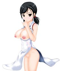 Rule 34 | 10s, 1girl, black hair, breasts, china dress, chinese clothes, devil survivor, devil survivor 2, dress, female focus, highres, kanno fumi, large breasts, nipples, simple background, solo, white background