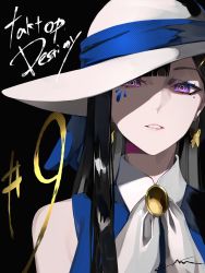 Rule 34 | 1girl, black background, black hair, blue shirt, blunt bangs, butterfly earrings, copyright name, earrings, episode number, hat, highres, jewelry, lam (ramdayo), long hair, looking at viewer, mole, mole under eye, multicolored hair, pale skin, parted lips, purple eyes, shirt, signature, simple background, sleeveless, solo, takt op., tengoku (takt op.), two-tone hair, upper body, white hair, white hat