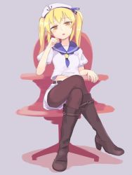 Rule 34 | 1girl, bad id, bad twitter id, belt, blonde hair, blush, boots, brown footwear, brown pantyhose, chair, commentary request, crossed legs, full body, grey background, hat, highres, kitashirakawa chiyuri, knee boots, long hair, looking at viewer, neckerchief, orange eyes, pantyhose, puffy short sleeves, puffy sleeves, sailor collar, sailor hat, short sleeves, shorts, simple background, sitting, solo, touhou, touhou (pc-98), twintails, usuaji, white shorts