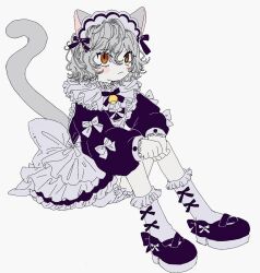 Rule 34 | 186x6, 1other, androgynous, animal ears, black bow, black dress, bow, cat ears, cat tail, chimera ant, curly hair, dress, highres, hunter x hunter, long sleeves, maid, maid headdress, makeup, mary janes, neferpitou, other focus, rouge (makeup), shoes, short hair, simple background, sitting, socks, solo, tail, white background, white bow, white hair, white socks