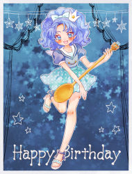 Rule 34 | 10s, 1girl, :d, anklet, bare legs, blue background, blue bow, blue eyes, blue hair, blue shirt, blue skirt, blue theme, blush, bow, crown, full body, hair bow, happy birthday, jewelry, kirakira precure a la mode, looking at viewer, mini crown, nene (oneoneo13), open mouth, polka dot, polka dot skirt, precure, sailor collar, sandals, shirt, short hair, skirt, smile, solo, spoon, star (symbol), star in eye, starry background, symbol in eye, tategami aoi, white sailor collar