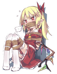 Rule 34 | 1girl, angry, arms behind back, bdsm, blonde hair, blush, bondage, bound, commentary request, dress, flandre scarlet, flying sweatdrops, furious, gag, gagged, hair ribbon, improvised gag, noya makoto, pointy ears, red dress, red eyes, restrained, ribbon, side ponytail, sitting, solo, tape, tape bondage, tape gag, thighhighs, thighs, touhou, trembling, upskirt, white thighhighs, wings, zettai ryouiki