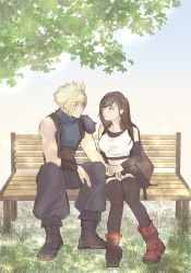 Rule 34 | 1boy, 1girl, bare hand, bare shoulders, bench, black hair, black skirt, black thighhighs, blonde hair, blue eyes, boots, breasts, brown hair, cloud strife, couple, crop top, detached sleeves, earrings, final fantasy, final fantasy vii, final fantasy vii remake, full body, highres, holding hands, jewelry, large breasts, long hair, looking at another, red eyes, red footwear, siqishisan, sitting, skirt, square enix, sweater, tank top, thighhighs, tifa lockhart, tree, turtleneck, turtleneck sweater, white tank top