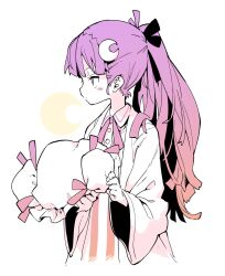 Rule 34 | 1girl, alternate hairstyle, blush, commentary request, crescent, crescent hair ornament, dress, hair ornament, hat, highres, long hair, long sleeves, mob cap, morino hon, patchouli knowledge, ponytail, profile, purple eyes, purple hair, solo, striped clothes, striped dress, touhou, unworn hat, unworn headwear, vertical stripes, wide sleeves