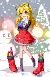 Rule 34 | 1girl, :d, blonde hair, christmas, dress, full body, game boy, game boy (original), gift, green eyes, green ribbon, hair between eyes, hair ribbon, handheld game console, heart, heart-shaped pupils, highres, holding, holding gift, long hair, long sleeves, looking at viewer, mega man (classic), mega man (series), open mouth, ponytail, red dress, red skirt, ribbon, roll (mega man), sidelocks, skirt, sleeves past wrists, smile, snowman, socks, solo, symbol-shaped pupils, tayashitsu, teeth, upper teeth only