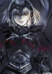 Rule 34 | 1girl, armor, armored dress, banner, black dress, blonde hair, breasts, chain, doraeshi, dress, fate/grand order, fate (series), fur collar, headpiece, highres, jeanne d&#039;arc alter (avenger) (fate), jeanne d&#039;arc alter (fate), looking at viewer, medium breasts, parted lips, short hair, smile, solo, yellow eyes