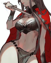 Rule 34 | 1girl, bad id, bad twitter id, breasts, cape, character request, cleavage, dagger, head out of frame, knife, lips, loalo, loincloth, long hair, midriff, reverse grip, solo, weapon