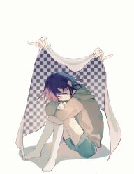 Rule 34 | 1boy, alternate costume, arms on knees, black cape, blue shorts, cape, checkered cape, commentary, crossed arms, danganronpa (series), danganronpa v3: killing harmony, disembodied hand, full body, green hoodie, green sleeves, hair between eyes, head on arm, highres, holding, holding cape, holding clothes, hood, hood down, hoodie, kneehighs, knees up, long sleeves, looking at viewer, no shoes, oma kokichi, omanyam1, parted lips, purple eyes, purple hair, shadow, short hair, shorts, simple background, sitting, smile, socks, solo, symbol-only commentary, two-sided cape, two-sided fabric, two-tone cape, white background, white cape, white socks