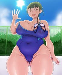 Rule 34 | 10s, 1girl, abubu, areola slip, blue one-piece swimsuit, blunt bangs, breasts, brown eyes, cameltoe, cleavage, cleft of venus, cowboy shot, day, female pubic hair, glasses, goggles, green hair, hair bun, hair ornament, highres, huge breasts, lifted by self, looking at viewer, nikuko (galko), one-piece swimsuit, oshiete! galko-chan, outdoors, over-rim eyewear, plump, pubic hair, pussy, see-through, semi-rimless eyewear, short twintails, single hair bun, skin tight, skindentation, smile, solo, standing, swimsuit, teeth, thick thighs, thighs, twintails, unworn goggles, upper teeth only, wet, wet hair, wide hips