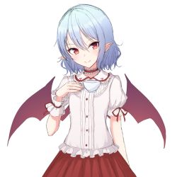 Rule 34 | &gt;:), 1girl, alternate costume, bat wings, blue hair, blush, choker, closed mouth, cowboy shot, cup, dress shirt, frilled choker, frilled shirt collar, frills, hair between eyes, junior27016, looking at viewer, no headwear, no headwear, pointy ears, puffy short sleeves, puffy sleeves, red eyes, red skirt, remilia scarlet, shirt, short hair, short sleeves, skirt, smile, solo, teacup, touhou, tsurime, v-shaped eyebrows, white background, white shirt, wings, wrist cuffs