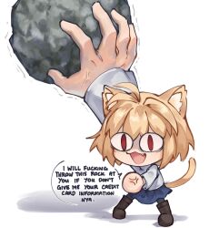 Rule 34 | 1girl, :3, ahoge, anger vein, animal ear fluff, animal ears, b1n04, blonde hair, blue skirt, boots, brown footwear, cat ears, cat girl, cat tail, chibi, commentary, english commentary, english text, fang, full body, highres, holding, holding rock, long sleeves, looking at viewer, mugging, neco-arc, neco spirit, open mouth, profanity, red eyes, rock, shirt, short hair, simple background, skirt, solo, speech bubble, standing, tail, tsukihime, white background, white shirt
