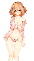 Rule 34 | 1girl, bad id, bad pixiv id, blush, bow, bow panties, breasts, brown hair, derivative work, kitamichi, medium breasts, navel, open clothes, original, pajamas, panties, panty pull, red eyes, solo, striped clothes, striped panties, thigh gap, underwear, vertical-striped clothes, vertical-striped panties