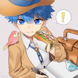 Rule 34 | !, 1boy, animal, animal on shoulder, bird, bird on shoulder, blazer, blue eyes, blue hair, book, buttons, eating, fate/grand order, fate (series), food, grey background, hans christian andersen (fate), hat, highres, holding, holding food, holding pen, jacket, long sleeves, looking to the side, open book, open clothes, open jacket, pen, shirt, simple background, white shirt, xacco, yakisobapan