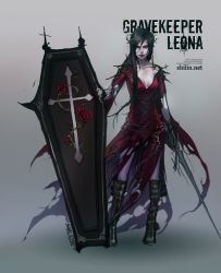 Rule 34 | 1girl, black hair, chain, coffin, cross, dress, flower, league of legends, leona (league of legends), red dress, red eyes, rose, shield, shilin, solo, sword, thorns, weapon