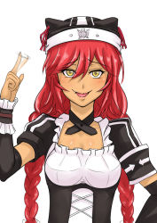 Rule 34 | 1girl, apron, braid, collar, dark skin, dark-skinned female, detached sleeves, fang, female focus, frills, hat, hat ribbon, highres, long sleeves, lupusregina beta, maid, maid apron, myht, open mouth, overlord (maruyama), red hair, ribbon, simple background, solo, twin braids, white background, yellow eyes