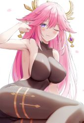 Rule 34 | 1girl, ;), animal ears, bare arms, bare shoulders, breasts, collarbone, commentary, cosplay, earrings, fox ears, ganyu (genshin impact), ganyu (genshin impact) (cosplay), genshin impact, highres, jewelry, keenh, large breasts, long hair, looking at viewer, one eye closed, pink hair, purple eyes, simple background, sitting, smile, solo, thighs, very long hair, white background, yae miko