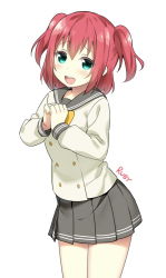 Rule 34 | 10s, 1girl, blush, bow, buttons, character name, double-breasted, green eyes, kurosawa ruby, looking at viewer, love live!, love live! sunshine!!, open mouth, own hands together, pleated skirt, red hair, school uniform, serafuku, short hair, simple background, skirt, sky-freedom, smile, solo, standing, two side up, white background, yellow bow