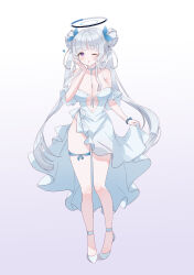 Rule 34 | 1girl, ;o, absurdres, alternate costume, ash (cat7evy), asymmetrical clothes, blowing kiss, blue archive, blush, breasts, cleavage, double bun, dress, full body, gradient background, grey hair, hair bun, halo, heart, highres, large breasts, leg ribbon, long hair, looking at viewer, navel, noa (blue archive), one eye closed, purple eyes, ribbon, side slit, simple background, solo, thigh ribbon, twintails, very long hair, white dress