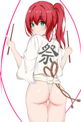 Rule 34 | 1girl, absurdres, artist request, ass, blush, chucolala, female focus, fundoshi, green eyes, highres, hiseki erio, japanese clothes, looking at viewer, looking back, medium hair, red hair, rope, simple background, smile, solo, standing, tagme, virtual youtuber, white background