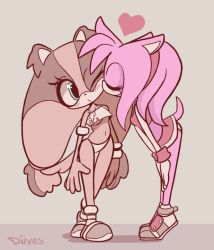 Rule 34 | 2girls, amy rose, animal ears, armlet, artist name, ass, bare shoulders, beige background, blue eyes, blush, bracelet, breasts, brown footwear, diives, closed eyes, full body, furry, hairband, heart, jewelry, kiss, leaning forward, looking to the side, miniskirt, multiple girls, necklace, one eye closed, panties, pantyshot, pink hair, red shirt, red skirt, shirt, shoes, signature, simple background, skirt, sleeveless, sleeveless shirt, small breasts, sonic (series), standing, sticks the badger, strapless, tail, text focus, thigh gap, tube top, underboob, underwear, wink, wristband, yuri