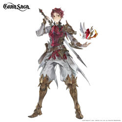 Rule 34 | 1boy, 2021, absurdres, arm at side, armor, armored boots, boots, character request, company name, copyright notice, floating, floating object, gran saga, hand up, highres, holding, holding sword, holding weapon, over shoulder, pants, red hair, shoulder armor, simple background, sisiyong, solo, sword, sword over shoulder, weapon, weapon over shoulder, white background, yellow eyes