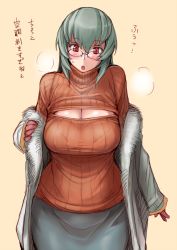 Rule 34 | 1girl, :o, bespectacled, blush, bra, breasts, cleavage, cleavage cutout, clothing cutout, coat, curvy, fur trim, glasses, gloves, large breasts, long hair, meme attire, aged up, open-chest sweater, red hair, rozen maiden, silver hair, skirt, solo, suigintou, sweater, translation request, tsuda nanafushi, underwear