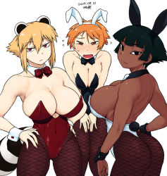 Rule 34 | 3girls, animal ears, araiguma-san, ass, back, bare back, barefoot, black bow, black eyes, black hair, blonde hair, blush, bow, bowtie, breasts, breasts squeezed together, brown eyes, cleavage, closed mouth, covered navel, dark-skinned female, dark skin, dated, detached collar, earrings, expressionless, fake animal ears, fishnets, flying sweatdrops, hair between eyes, hands on own hips, huge breasts, jewelry, large breasts, leotard, looking at viewer, matching hair/eyes, multiple girls, nefertari (tsukudani), no bra, nontraditional playboy bunny, open mouth, orange hair, original, pantyhose, playboy bunny, rabbit ears, rabbit tail, raccoon ears, raccoon tail, red bow, red eyes, short hair, sideboob, simple background, standing, sweat, sweatdrop, tail, tsukudani (coke-buta), tsurime, tsurime-chan, white background, white bow