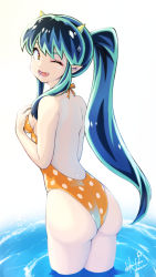 Rule 34 | 1girl, ;d, animal print, ass, backless swimsuit, breasts, casual one-piece swimsuit, commentary request, from behind, green hair, hori shin, horns, long hair, looking at viewer, lum, medium breasts, one-piece swimsuit, one eye closed, oni, open mouth, orange one-piece swimsuit, partially submerged, pointy ears, polka dot, polka dot swimsuit, ponytail, smile, solo, swimsuit, thighs, urusei yatsura, yellow horns