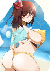 Rule 34 | 1girl, artist request, ass, beach, breasts, curvy, highleg, highleg swimsuit, huge ass, large breasts, looking back, mizuki shiranui, one-piece swimsuit, perky breasts, shiny skin, slingshot swimsuit, solo, swimsuit, taimanin (series), taimanin rpgx, taimanin yukikaze, thighs, yellow one-piece swimsuit