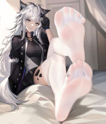 Rule 34 | 1girl, absurdres, animal ears, arknights, blue eyes, feet, foot focus, highres, lappland (arknights), long hair, looking at viewer, material growth, oripathy lesion (arknights), parted lips, see-through, see-through legwear, smile, soles, suiryuu (18559651), thighhighs, toes, white hair, white thighhighs