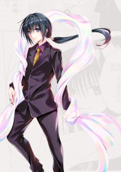 Rule 34 | 1boy, black cat (series), black hair, blue eyes, commentary request, eyelashes, formal, happy, lin shaolee, long hair, looking at viewer, necktie, paneled background, ponytail, smile, solo, standing, suit, veil, yabuki kentarou, yellow necktie