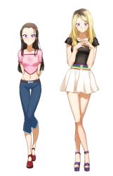 Rule 34 | 2girls, arms behind back, belt, black shirt, blonde hair, blue pants, blush, breasts, brown belt, brown hair, character request, closed mouth, code lyoko, collarbone, crop top, crossed legs, elisabeth delmas, frown, full body, groin, hair ornament, heart, heart hair ornament, highres, long hair, miniskirt, morihaw, multicolored hair, multiple girls, navel, pants, parted bangs, pink shirt, pleated skirt, purple eyes, purple footwear, red footwear, shiny clothes, shirt, short sleeves, simple background, skirt, small breasts, standing, straight hair, thigh gap, two-tone hair, very long hair, watson cross, white background, white skirt