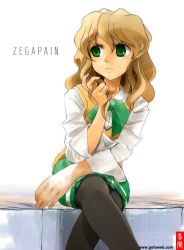 Rule 34 | 1girl, blonde hair, copyright name, crossed legs, frown, gofu, green eyes, hand in own hair, long hair, looking away, minato (zegapain), pantyhose, revision, school uniform, simple background, sitting, solo, sweater, sweater vest, vest, watermark, web address, white background, zegapain