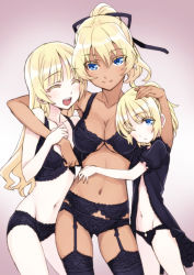 Rule 34 | 3girls, :d, ;&lt;, ^ ^, age difference, bad id, bad pixiv id, black bra, black panties, blonde hair, blue eyes, blush, bra, breasts, child, cleavage, closed eyes, colored eyelashes, contrapposto, dark-skinned female, dark skin, garter belt, garter straps, groin, hair ribbon, hand on another&#039;s head, hug, large breasts, long hair, matsuryuu, multiple girls, navel, one eye closed, open mouth, original, panties, ponytail, ribbon, smile, standing, thighhighs, triangle mouth, underwear, underwear only, wink