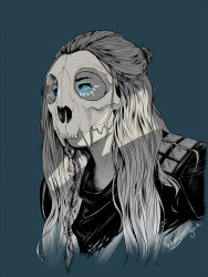 Rule 34 | 1girl, artist name, blue background, braid, clarke griffin, curly hair, facial mark, glowing, glowing eyes, hair bun, half updo, limited palette, long hair, mask, monochrome, multi-tied hair, portrait, side braid, simple background, single braid, single hair bun, skull, skull mask, solo, the 100, thebitterone
