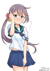 Rule 34 | 1girl, akebono (kancolle), artist name, bell, blue neckerchief, blue sailor collar, blue skirt, commentary request, cowboy shot, dated, flower, grey eyes, grey hair, hair bell, hair flower, hair ornament, jingle bell, kantai collection, long hair, midriff peek, neckerchief, pleated skirt, sailor collar, school uniform, serafuku, shiromaru (maniado), short sleeves, side ponytail, simple background, skirt, solo, very long hair, white background