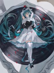 Rule 34 | 1girl, absurdly long hair, absurdres, aqua eyes, aqua hair, arms up, black footwear, chinese commentary, closed mouth, commentary request, dress, elbow gloves, flower, full body, gloves, hatsune miku, high heels, highres, holding, holding flower, long hair, looking at viewer, lying, miku symphony (vocaloid), on back, pleated dress, red flower, red rose, rose, smile, solo, thighhighs, very long hair, vocaloid, white dress, white gloves, white thighhighs, zhenxiao