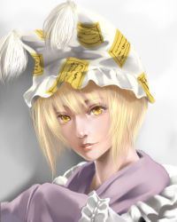 Rule 34 | 1girl, blonde hair, eyelashes, female focus, frills, gradient background, hands in opposite sleeves, hat, hat with ears, light smile, lips, looking at viewer, nose, ofuda, parted lips, realistic, short hair, solo, sukizo, tassel, touhou, yakumo ran, yellow eyes