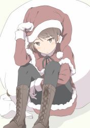 Rule 34 | 1girl, alternate costume, black pantyhose, blush, boots, brown eyes, brown footwear, brown hair, capelet, cross-laced footwear, fur-trimmed capelet, fur trim, gift bag, gloves, hat, highres, kantai collection, looking at viewer, pantyhose, pom pom (clothes), santa costume, santa hat, shikinami (kancolle), sitting, solo, wachi (hati1186), white gloves